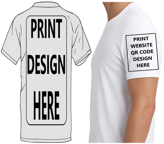 Custom T-Shirt – Upload Your Design (Full Back & Side Sleeve Website QR Code Print)