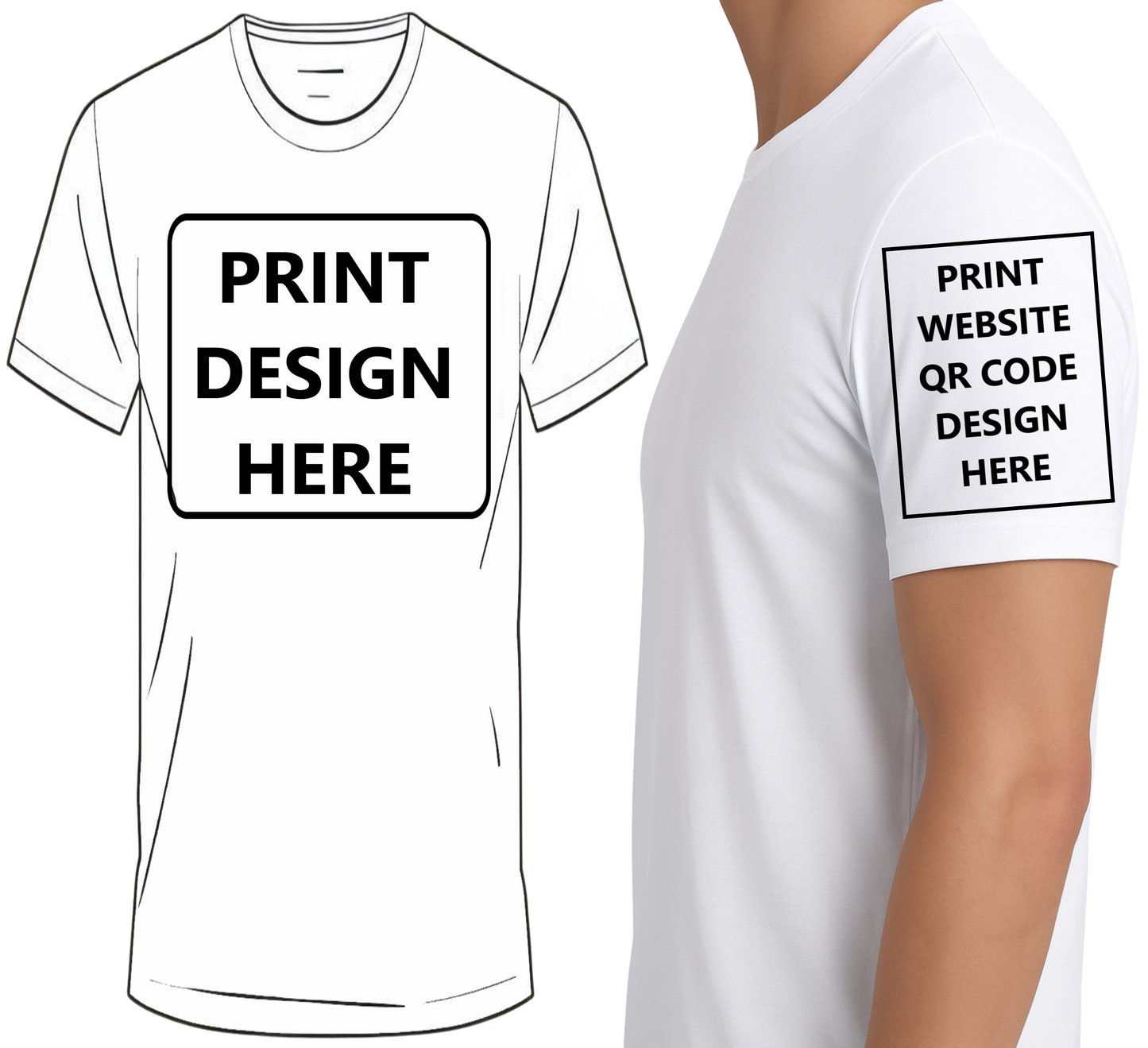 Custom T-Shirt – Upload Your Design (Upper Chest & Side Sleeve Website QR Code Print)