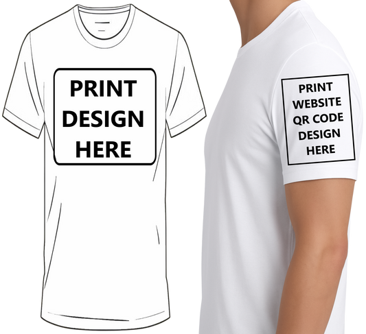 Custom T-Shirt – Upload Your Design (Upper Chest & Side Sleeve Website QR Code Print)