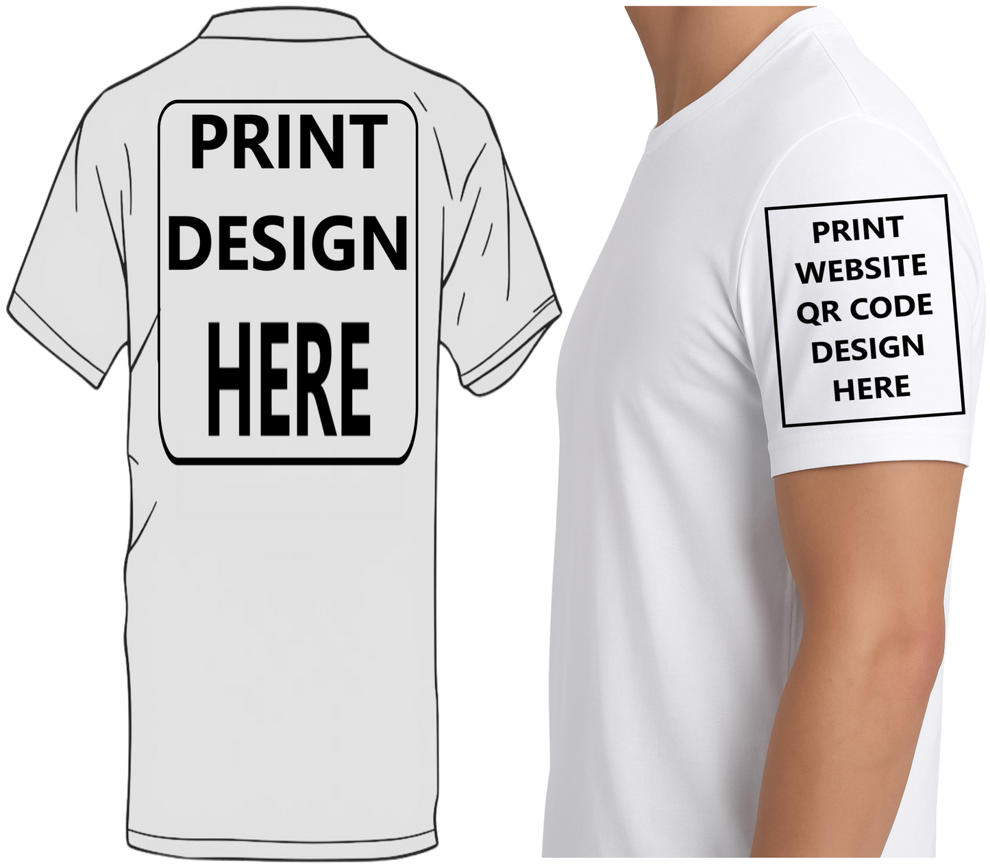 Custom T-Shirt – Upload Your Design (Upper Back & Side Sleeve Website QR Code Print)