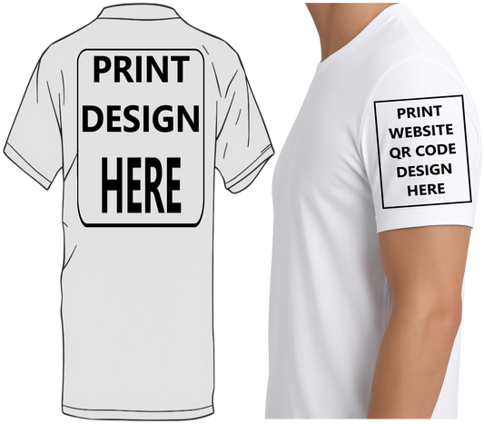 Custom T-Shirt – Upload Your Design (Upper Back & Side Sleeve Website QR Code Print)