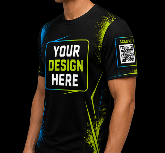 Custom T-Shirt – Upload Your Design (Upper Chest & Side Sleeve Website QR Code Print)