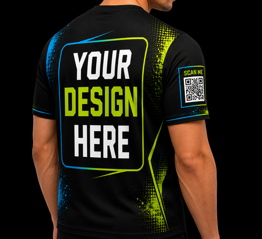 Custom T-Shirt – Upload Your Design (Upper Back & Side Sleeve Website QR Code Print)